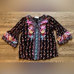Savanna Jane Floral Embroidered Peasant Blouse Top Black Multi M